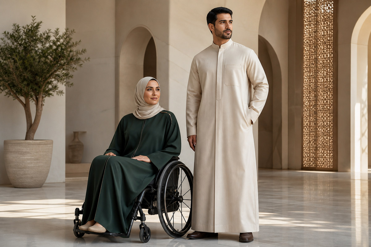 Muslim woman seated in a wheelchair wearing a dark green adaptive abaya and hijab beside a man in a cream thobe, in a sunlit interior.